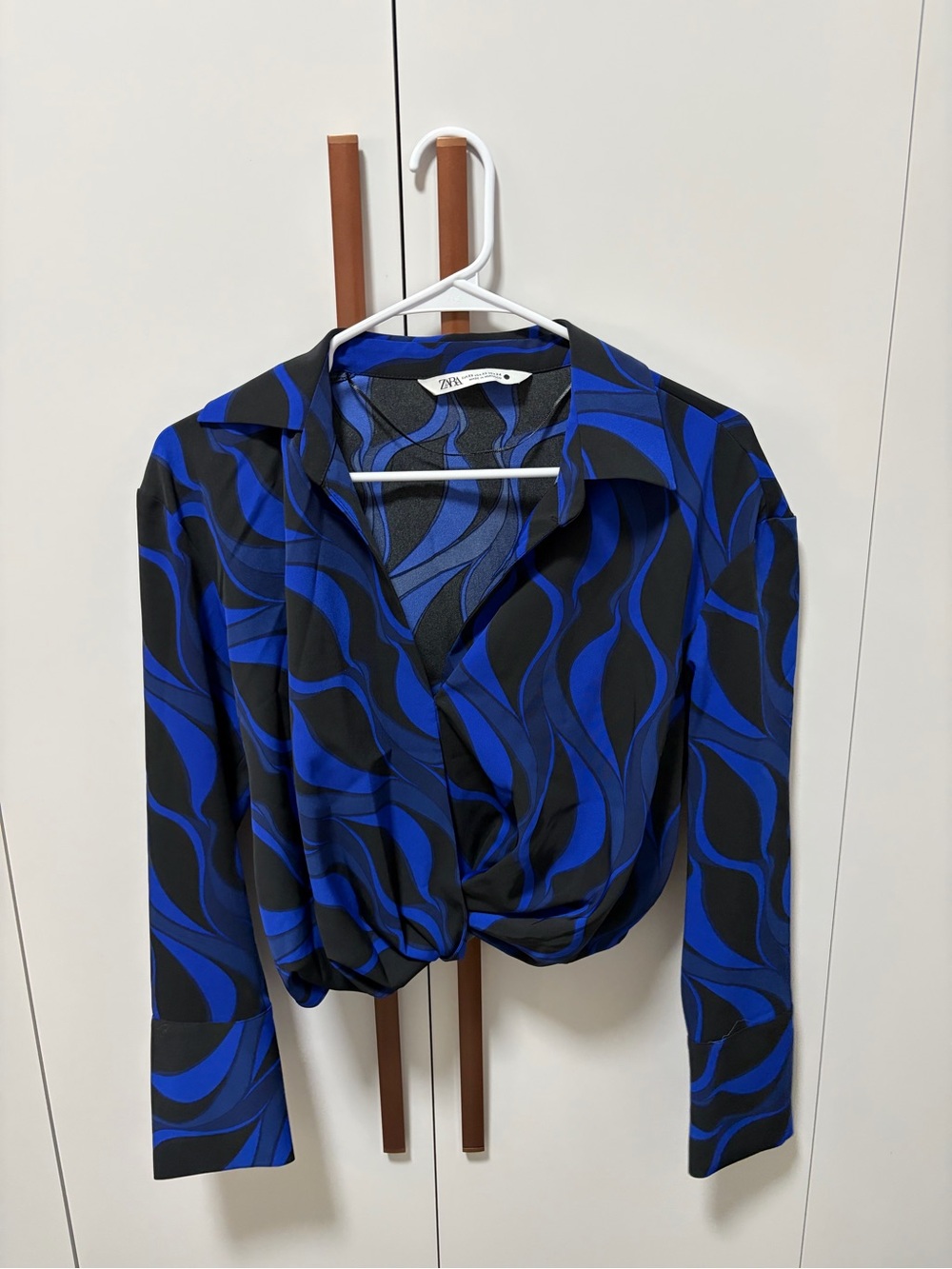Zara Black and Royal Blue Swirl Wrap Shirt